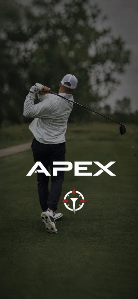 Apex brand splash: golfer mid-swing with the APEX wordmark and red compass logo