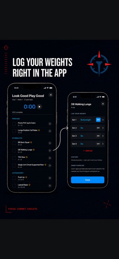 Workout player with set-by-set weight logging and swap-exercise