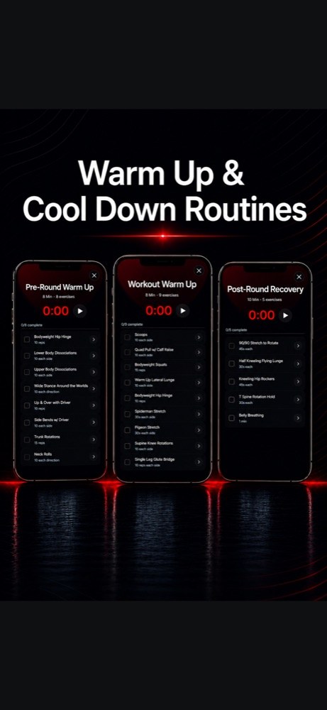 Warm Up and Cool Down routines shown across three phones